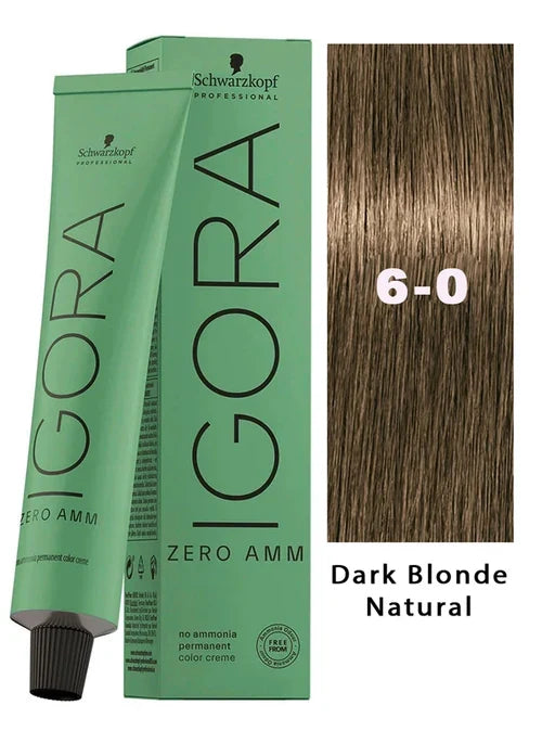 Igora Zero AMM Hair Color 6-0 Dark Blonde Natural | Igora Royal Zero Ammonia Permanent Color Creme 2.1 oz and M Hair Designs Tint Brush (Bundle)