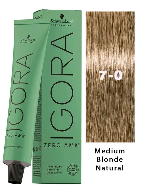 Igora Zero AMM Hair Color 7-0 Medium Blonde Natural | Igora Royal Zero Ammonia Permanent Color Creme 2.1 oz and M Hair Designs Tint Brush (Bundle)
