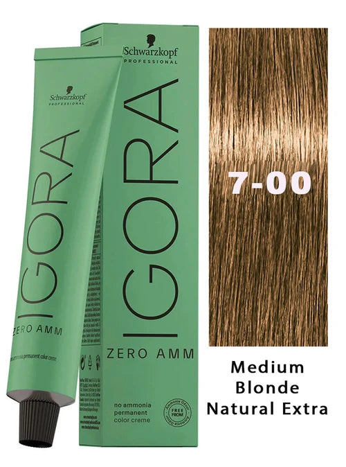 Igora Zero AMM Hair Color 7-00 Medium Blonde Natural Extra | No Ammonia Permanent Color Creme 2.1 oz and M Hair Designs Tint Brush