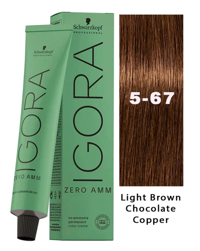 Igora Zero AMM Hair Color 5-67 Light Brown Chocolate Copper | No Ammonia Permanent Color Creme 2.1 oz and M Hair Designs Tint Brush