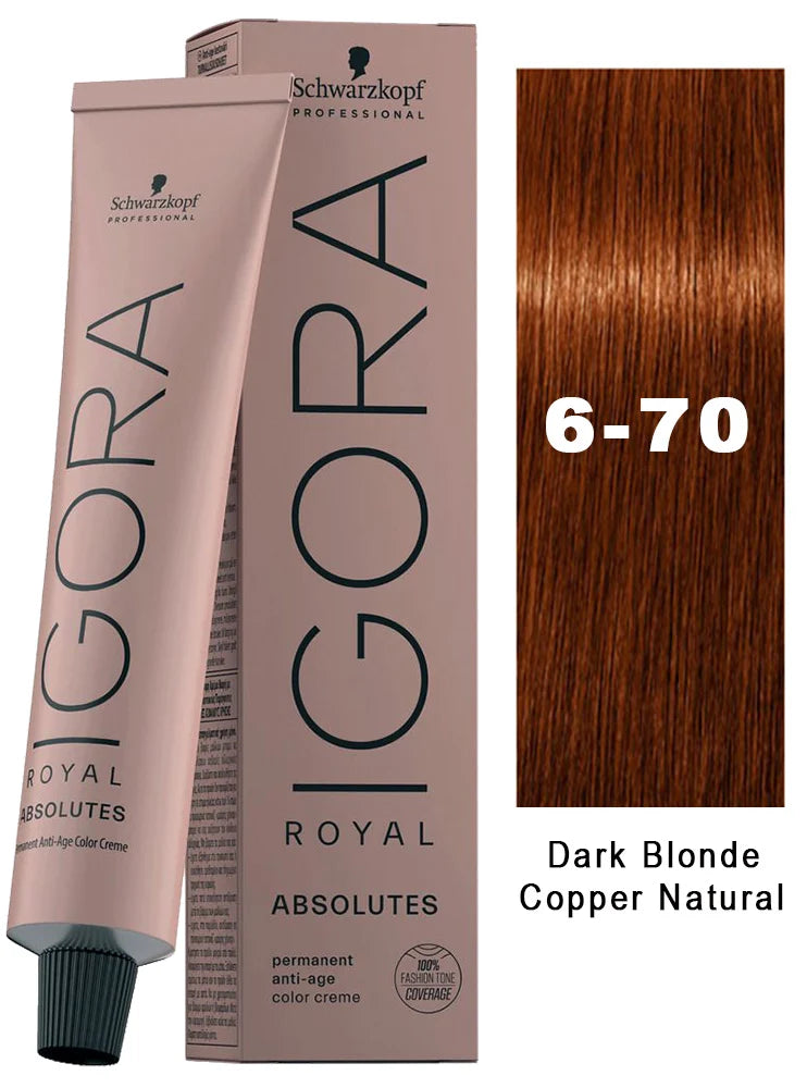 IgoraAbsolutes 6-70 Dark Blonde Copper Natural Permanent Hair Color 2 Fl Oz and Clear Powdered Medium Vinyl Gloves (Bundle)