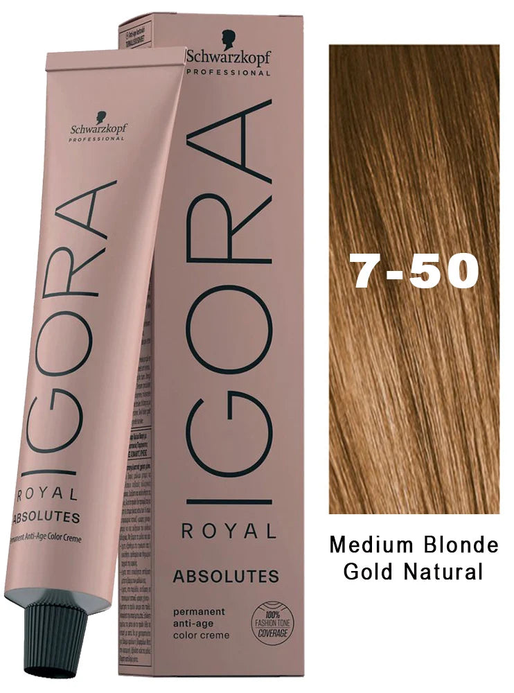 IgoraAbsolutes 7-50 Medium Blonde Gold Natural Permanent Hair Color 2 Fl Oz and Clear Powdered Medium Vinyl Gloves (Bundle)