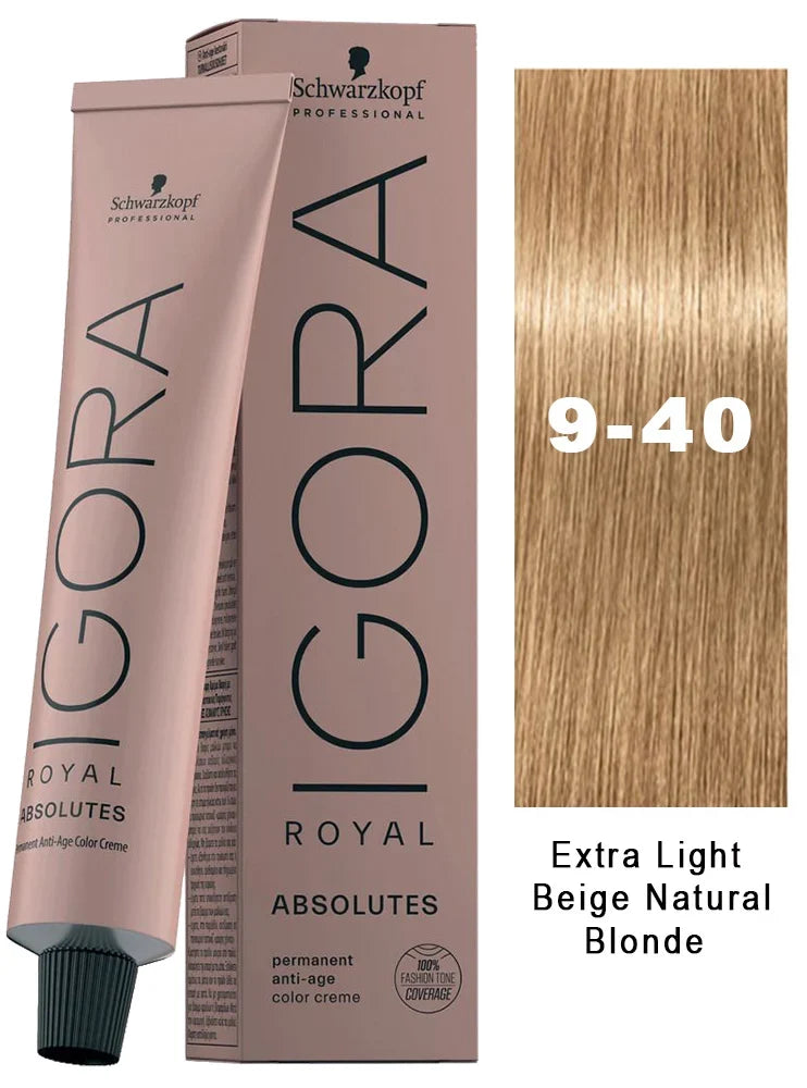 IgoraAbsolutes 9-40 Extra Light Blonde Beige Natural Permanent Hair Color 2 Fl Oz and Clear Powdered Medium Vinyl Gloves (Bundle)