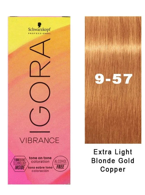 IgoraVibrance 9-57 Extra Light Blonde Gold Copper Tone On Tone Alcohol-Free Demi-Permanent Hair Color 2 Fl Oz with Clear Powdered Medium Vinyl Gloves (Bundle)