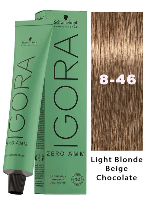 Igora Zero AMM Hair Color 8-46 Light Blonde Beige Chocolate | No Ammonia Permanent Color Creme 2.1 oz and M Hair Designs Tint Brush